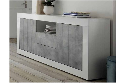 Anteprima di MADIA URBINO 2 ANTE E 2 CASSETTI BIANCO LUCIDO/CEMENTO